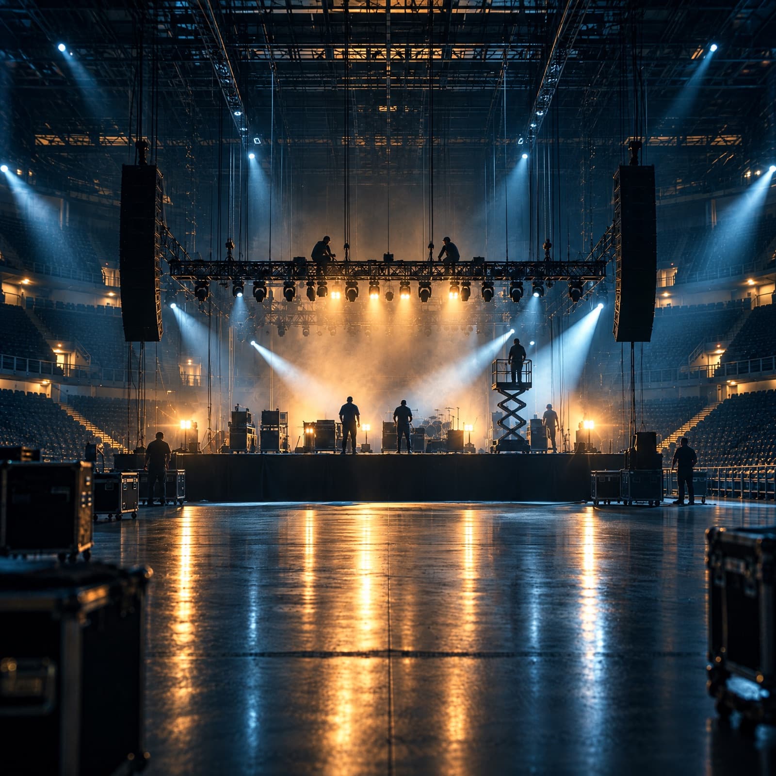 Arena vacía antes de un concierto, con el equipo montando luces