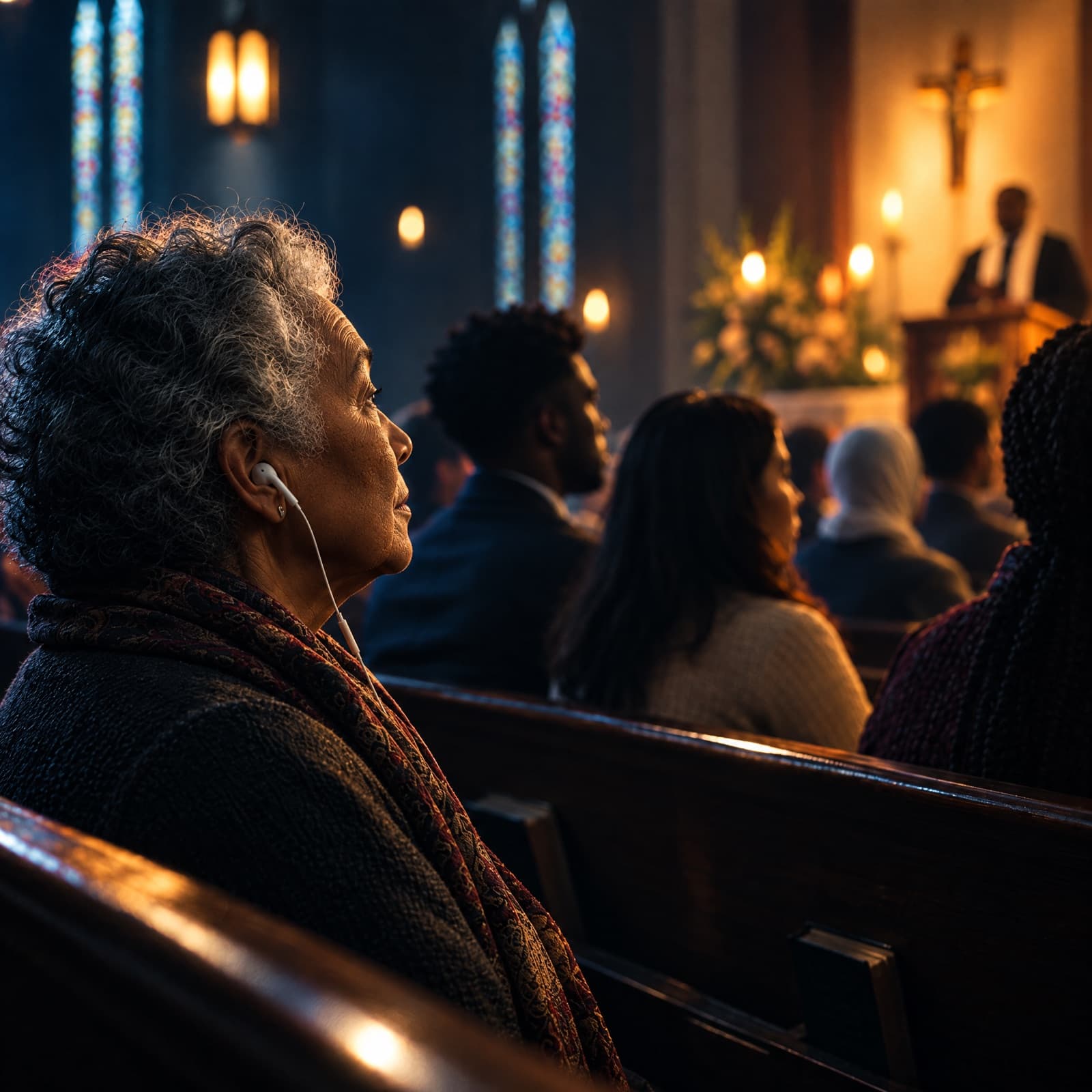Mujer mayor escucha el sermón con auriculares en una iglesia multicultural