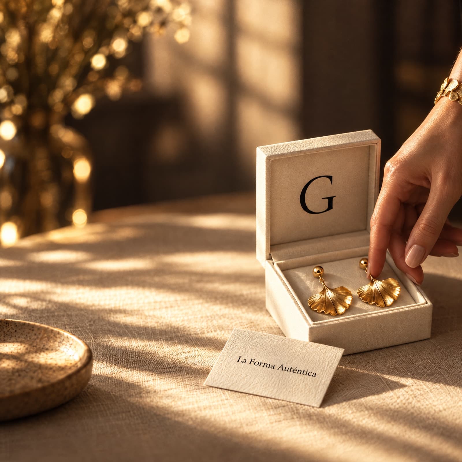 Joyero de GIOLIÀ con aretes dorados de hoja de ginkgo: La Forma Auténtica