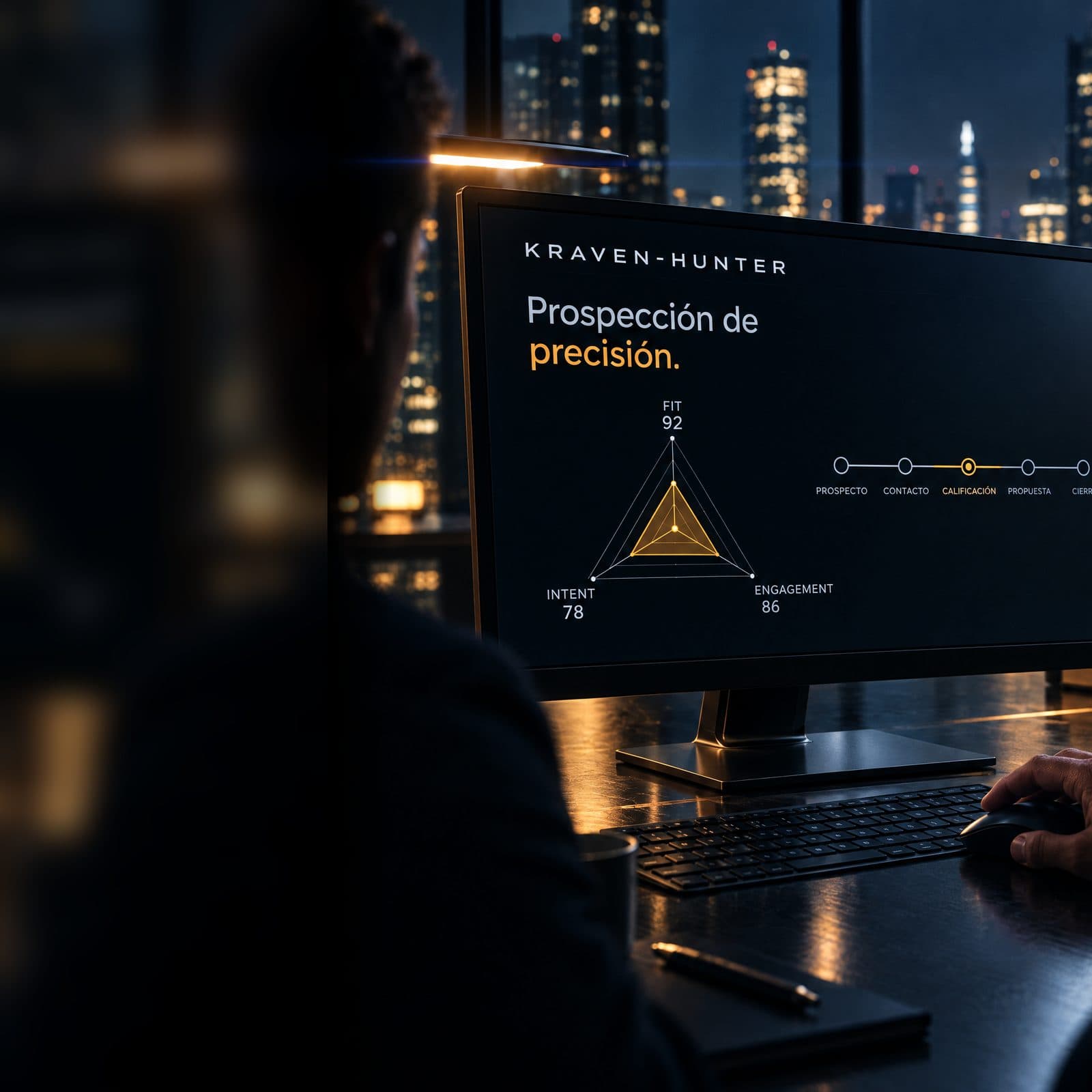 Interfaz de Kraven-Hunter en un monitor: Prospección de precisión.