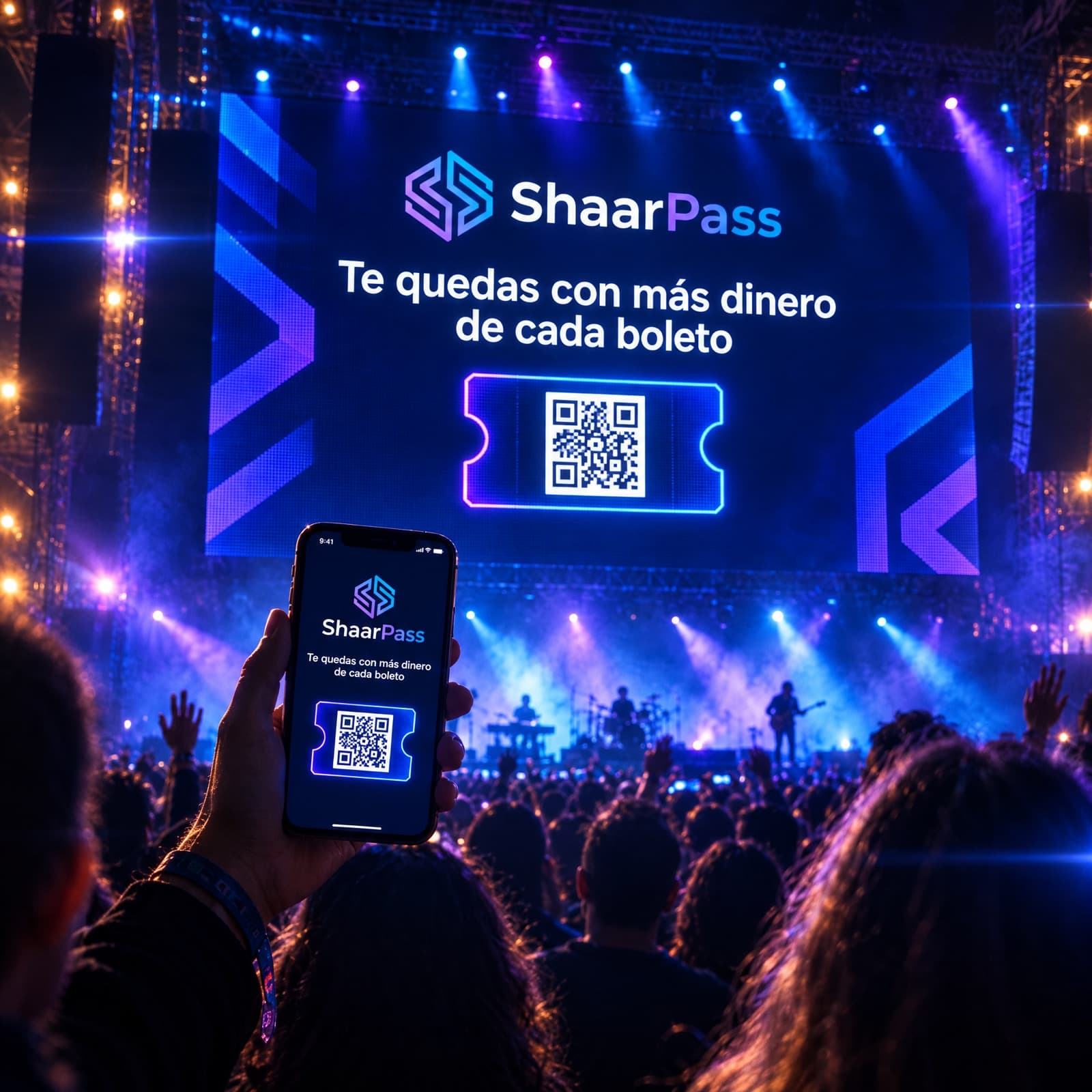 Campaña de ShaarPass en la pantalla de un concierto y boleto en el teléfono