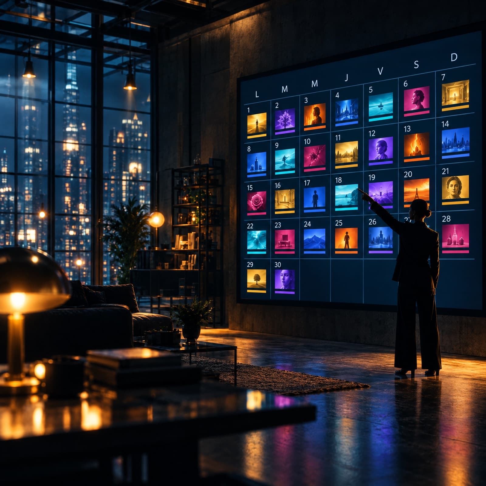 Calendario del mes con piezas de varias marcas en una pantalla
