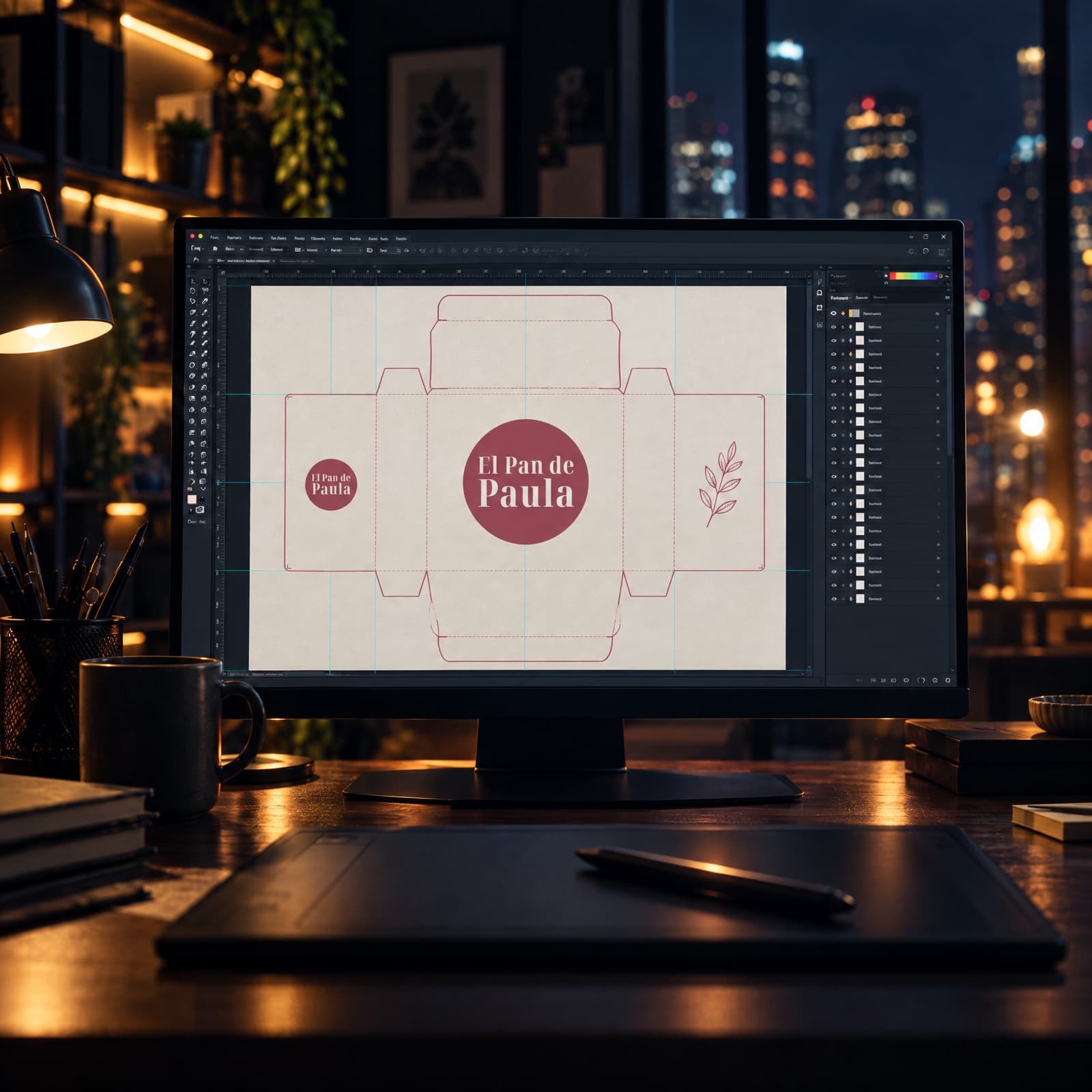 Estación de diseño componiendo la caja de El Pan de Paula