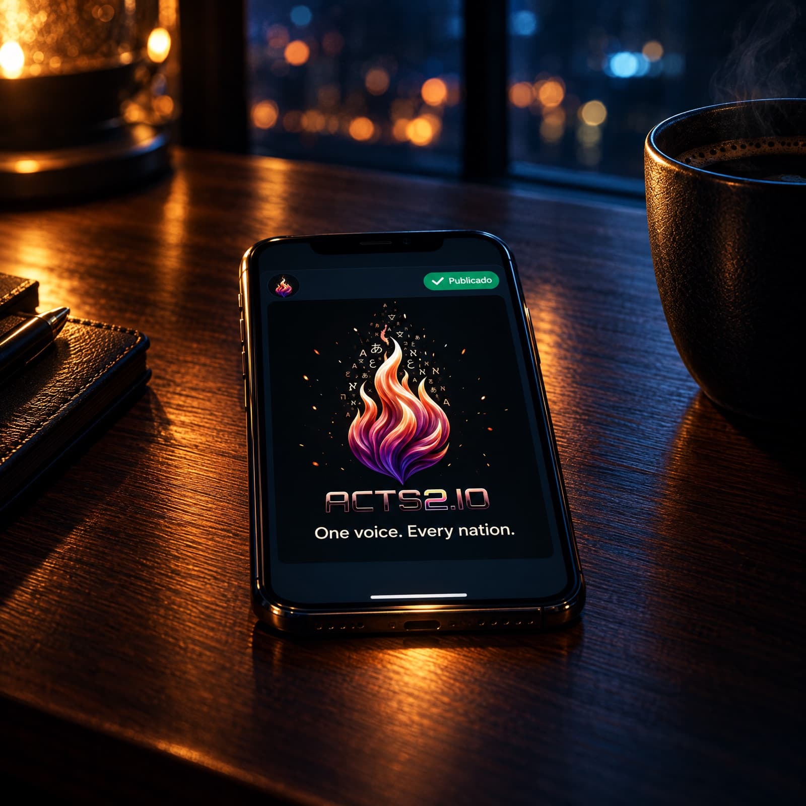 Posteo de Acts 2 publicado, en un teléfono sobre el escritorio