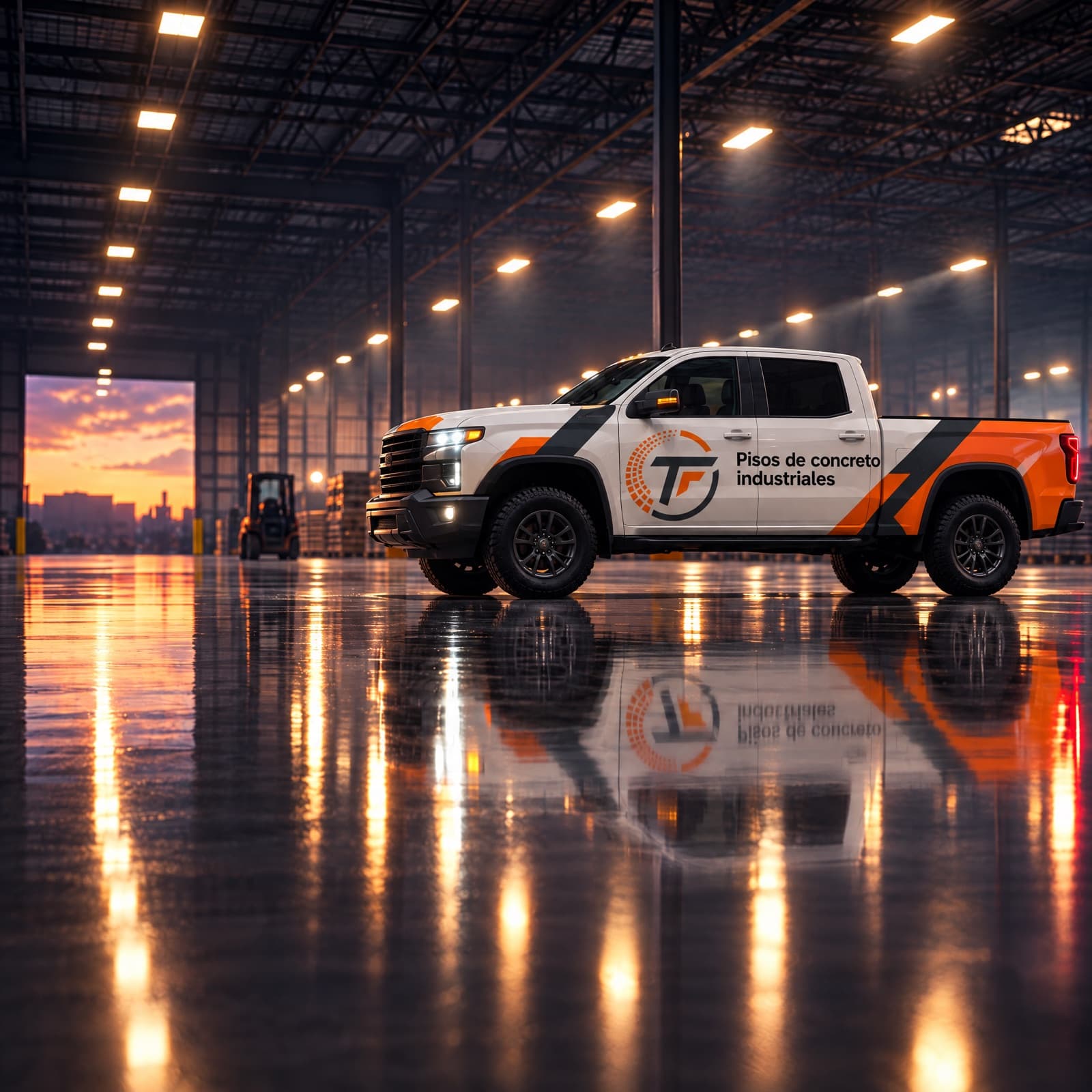 Camioneta de Torre Fuerte sobre un piso de concreto pulido en una nave industrial