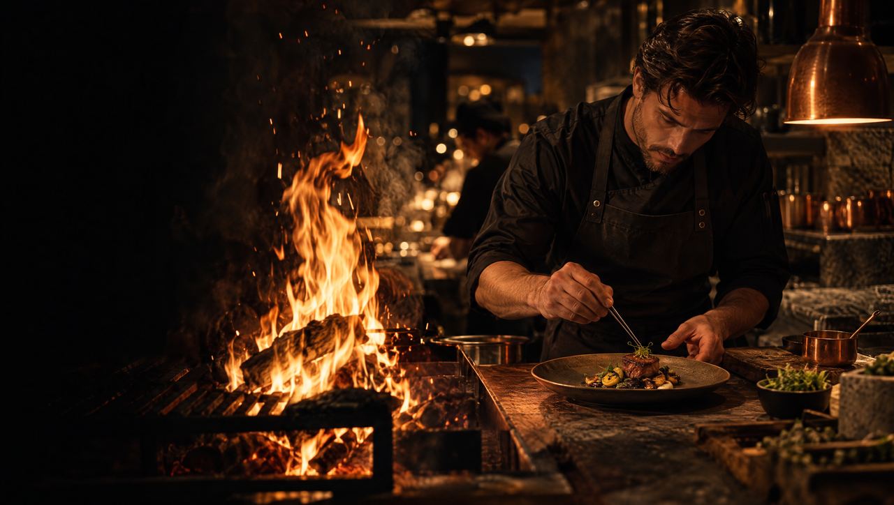 Chef que emplata con pinzas junto al fuego de una parrilla de leña en una cocina de alta gastronomía.