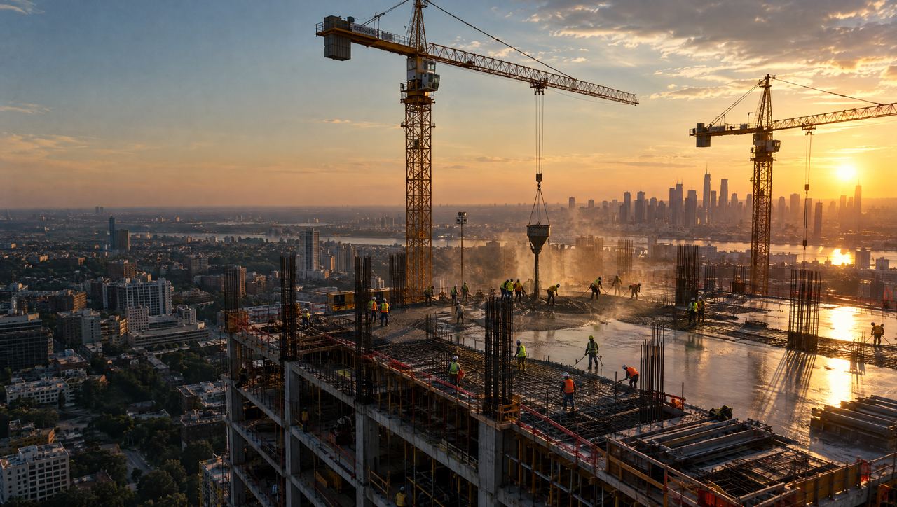 Vista aérea de una obra de gran escala al atardecer, con grúas torre y trabajadores en un colado de concreto.