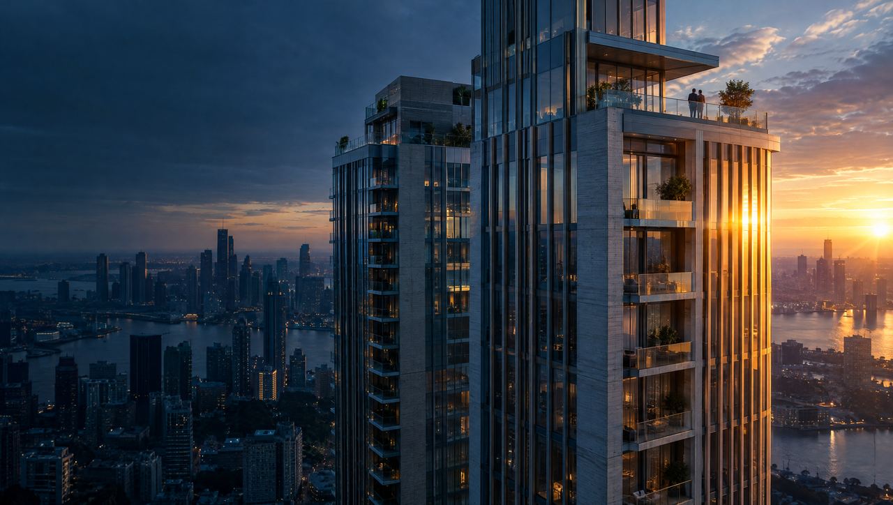 Torre residencial de cristal y concreto al amanecer, vista desde un dron, con una pareja en la terraza del penthouse.